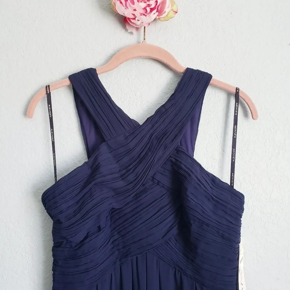 Levkoff Crisscross‎ Neck Chiffon A-line Navy Gown - Picture 3 of 7
